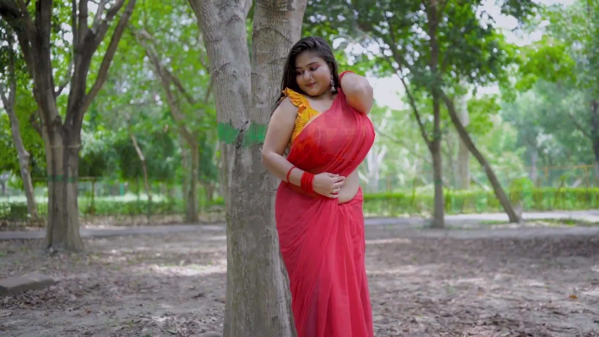 Megha Das Ghosh Official Red Chiffon Saree   Bong Saree Fashion Video   Outdoor Saree video   2023